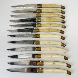 12 Laguiole Jean Dubost Faux Ivory Colored Brass Handle Bee Steak Knives